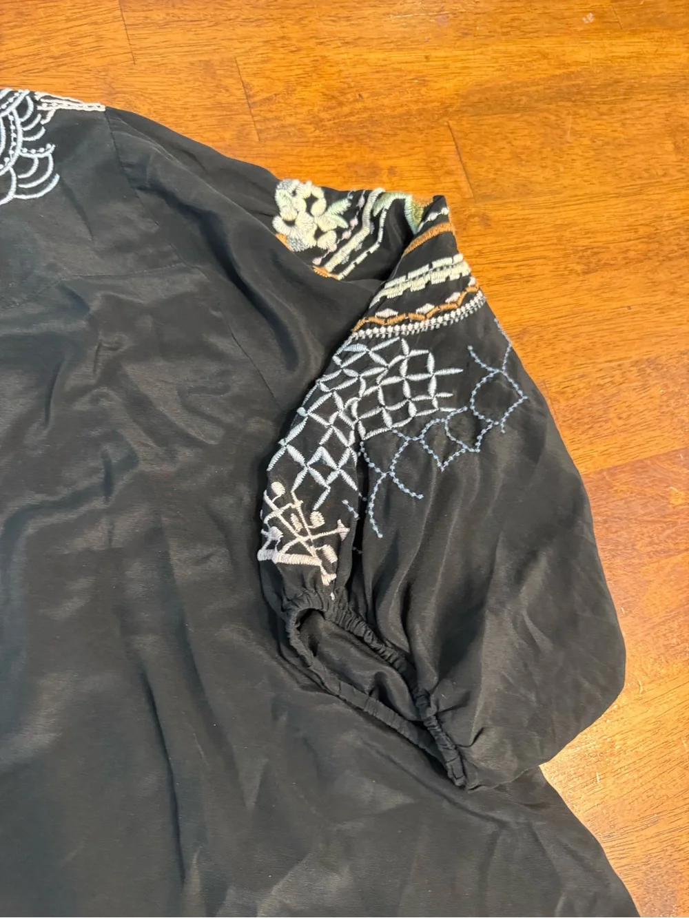 Johnny Was 2X Bassett Embroidered Silk Blouse Black Boho Peasant Top